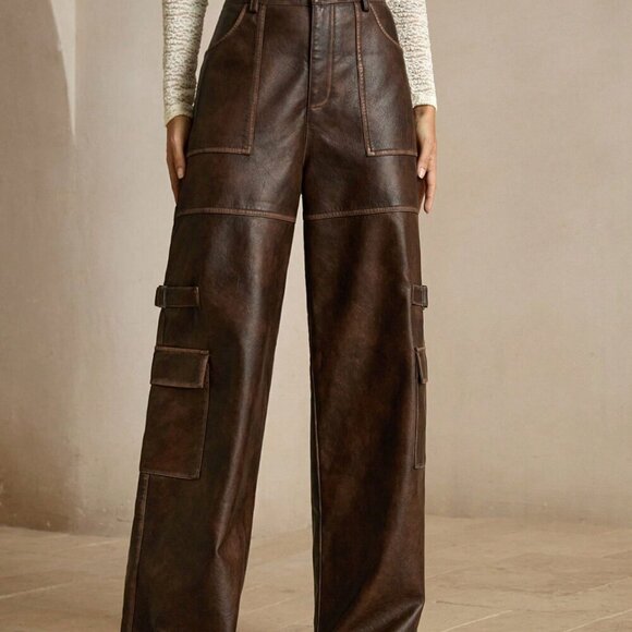 Coffee Brown Casual Women's Merlot Vintage Distressed Faux Cargo Pants - Picture 5 of 6